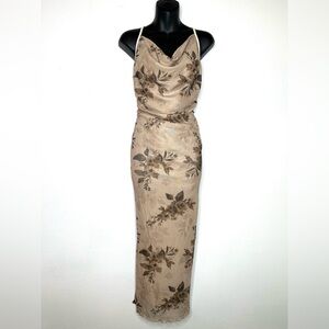 NWT Romwe Womens Y2K Maxi Slip Dress L Brown Romantic Floral Fairy Feminine Sexy